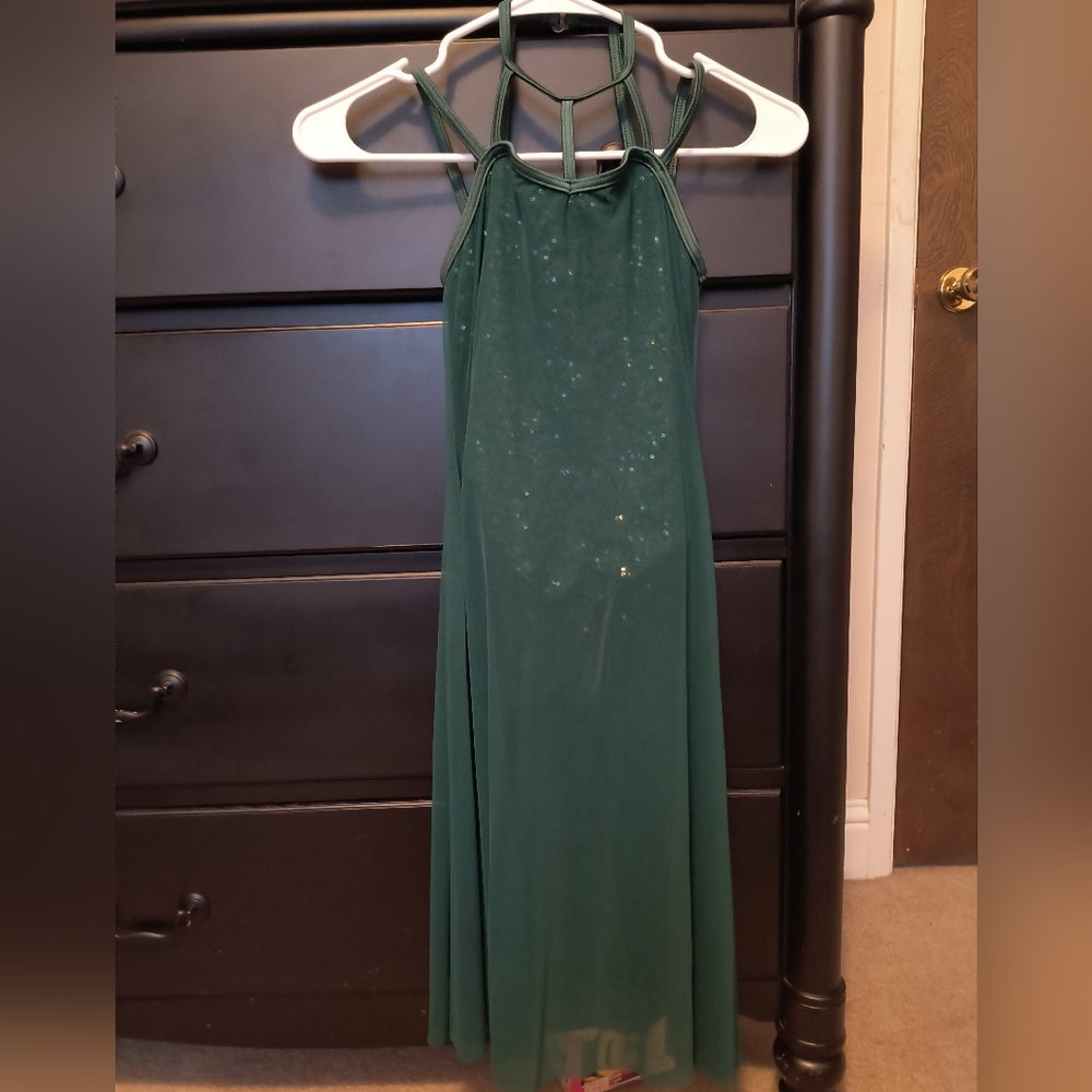 Green Weissman Mesh And Sequin Strappy Girls Dance Costume Size IC (7/8)